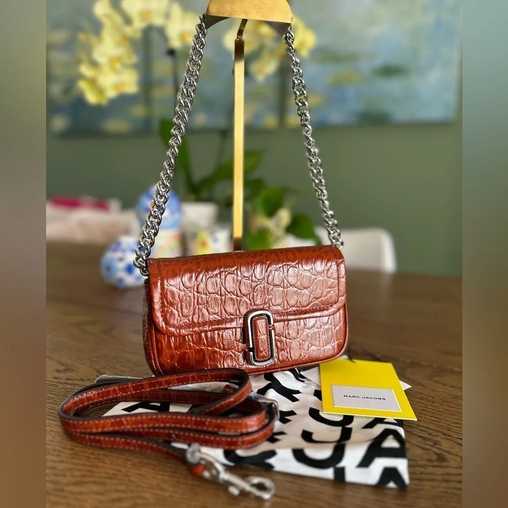 NWT! New Marc Jacobs J Marc Mini Shoulder Bag -Croc-embossed Leather Cognac 3way